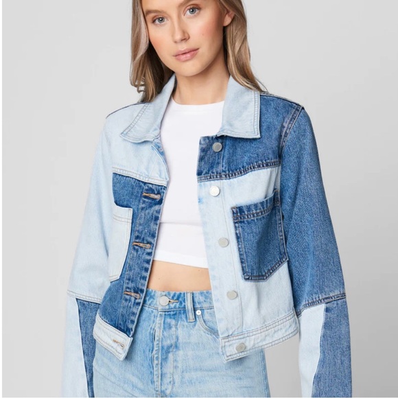 NWT Blank NYC Split Decision Cropped Patchwork Denim Jacket - Picture 2 of 4